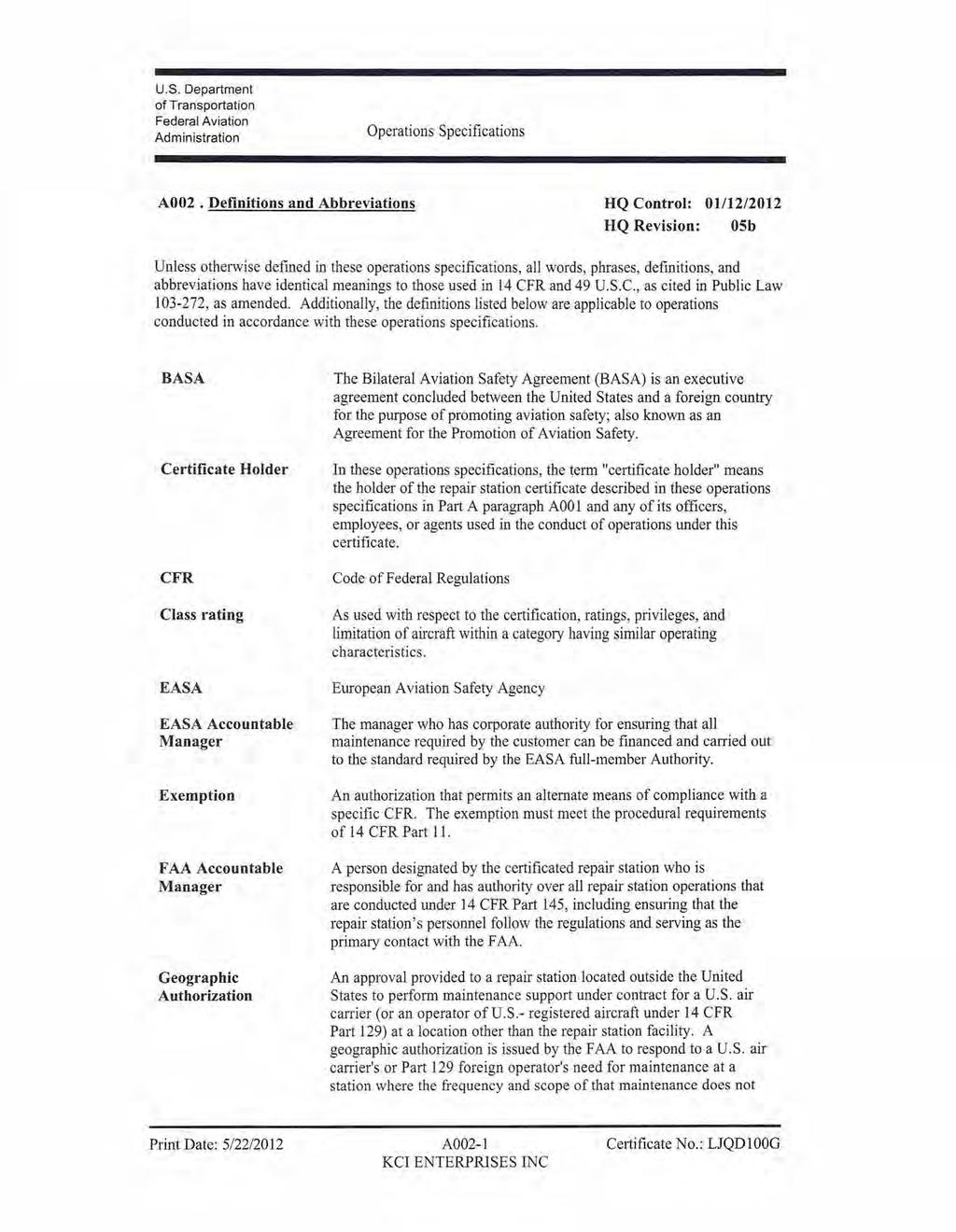 u.s. Department Operations Specifications A002.
