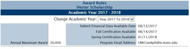 1 Award Rules Herter Scholarship The Award Rules contain the annual award amounts, cutoff values, and cutoff dates necessary to administer each aid program. 1.