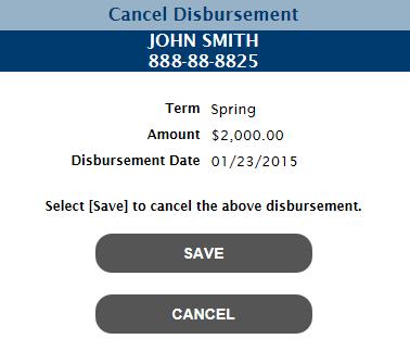 The student s No Interest Loan will be canceled; all disbursements will be canceled and set to zero. 2.1.4 Cancel Disbursement Users can a No Interest Loan disbursement from the NIL record.