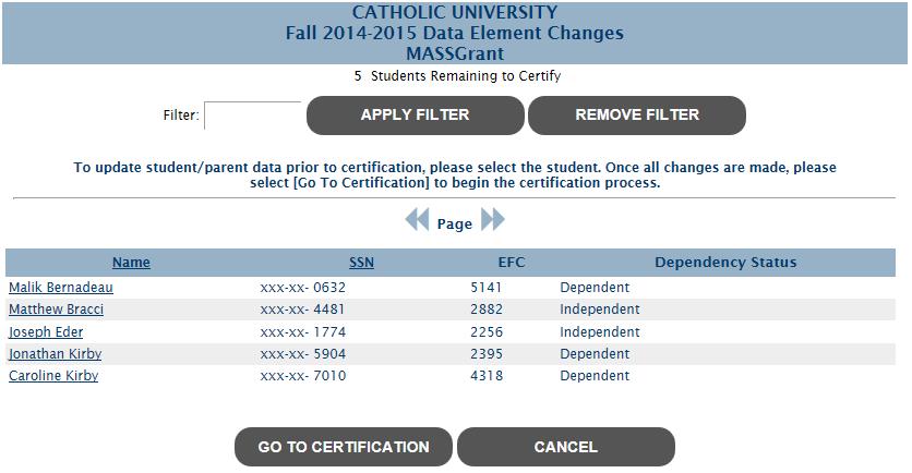 Note: Students can be filtered by last name by entering a full or partial last name and selecting [Apply Filter].