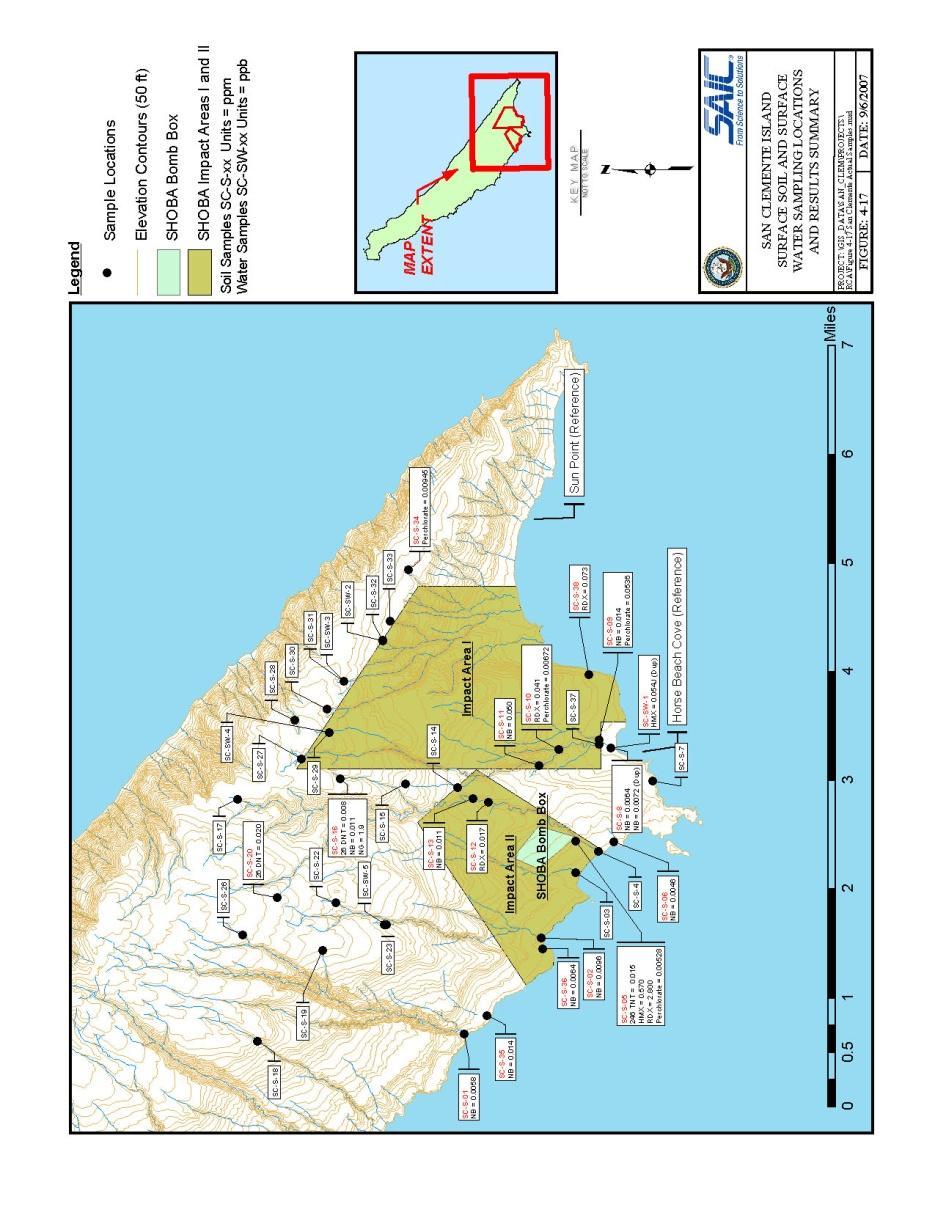 13 Summary of Five-Year Review Collected 35 multi-incremental surface soil and five discrete surface water samples from Shore Bombardment Area (SHOBA) in March 2007 and analyzed all samples for