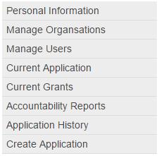 . Manage Organisations View applicant organisation details. 3. Manage Users View system users. 4. Current Application View details of current application. 5.
