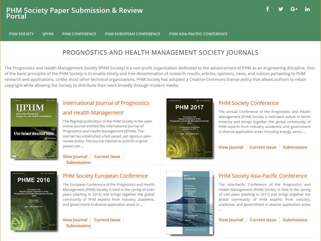 5 Submission Process Figure 1. www.phmpapers.org Figure 1 shows the main publications page for www.phmpapers.org. To start a submission, select the conference you wish to submit a paper to.