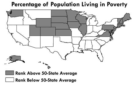 States aspire to a low percentage of population living in poverty. North Carolina ranked 39 th in percentage of population in poverty in 2015 at 16.4%. The 50-state average was 14.2%.