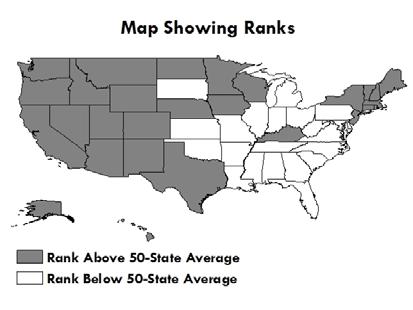 The map shows states ranked above the 50-State Average (according to the table to the left) in gray and states ranked below the 50-State Average in white.