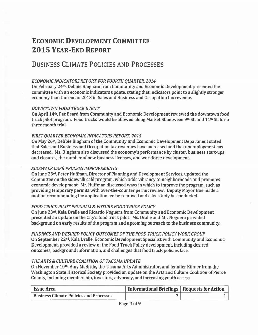 ECONOMIC DEVELOPMENT COMMITTEE 205 YEAR-END REPORT BUSINESS CLIMATE POLICIES AND PROCESSES ECONOMIC INDICATORS REPORT FOR FOURTH QUARTER, 204 On February 24th, Debbie Bingham from Community and