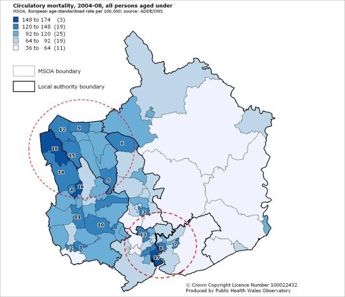of Welsh areas Caerphilly North, Blaenau Gwent West and Blaenau Gwent East Premature mortality from circulatory disease (under