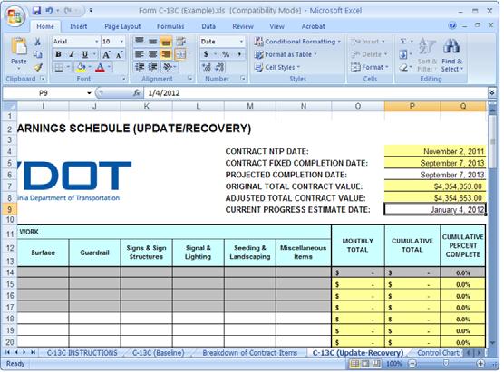C 13C (Update Recovery): The C 13C (Update Recovery) worksheet will be used to prepare the Contractor s Monthly