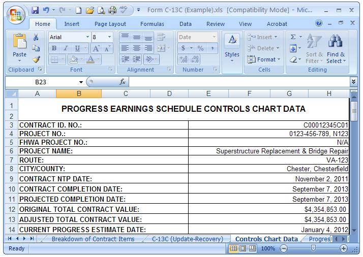 13. Controls Chart Data: The Controls Chart Data worksheet pulls together the monthly summary progress data from the Baseline Progress Earnings Schedule and the