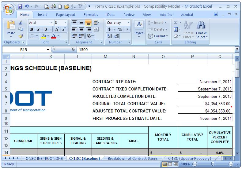 b) Enter the required Contract time and financial data.