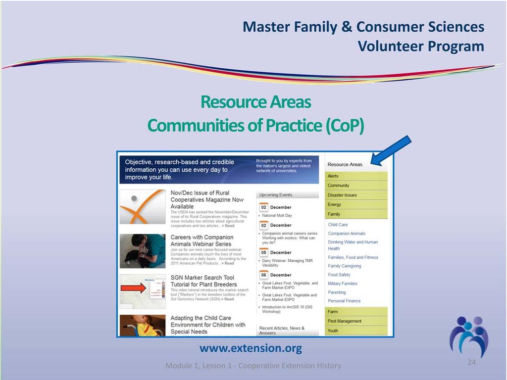 Information on the extension website is organized into resources areas or Communities of Practice (CoP).