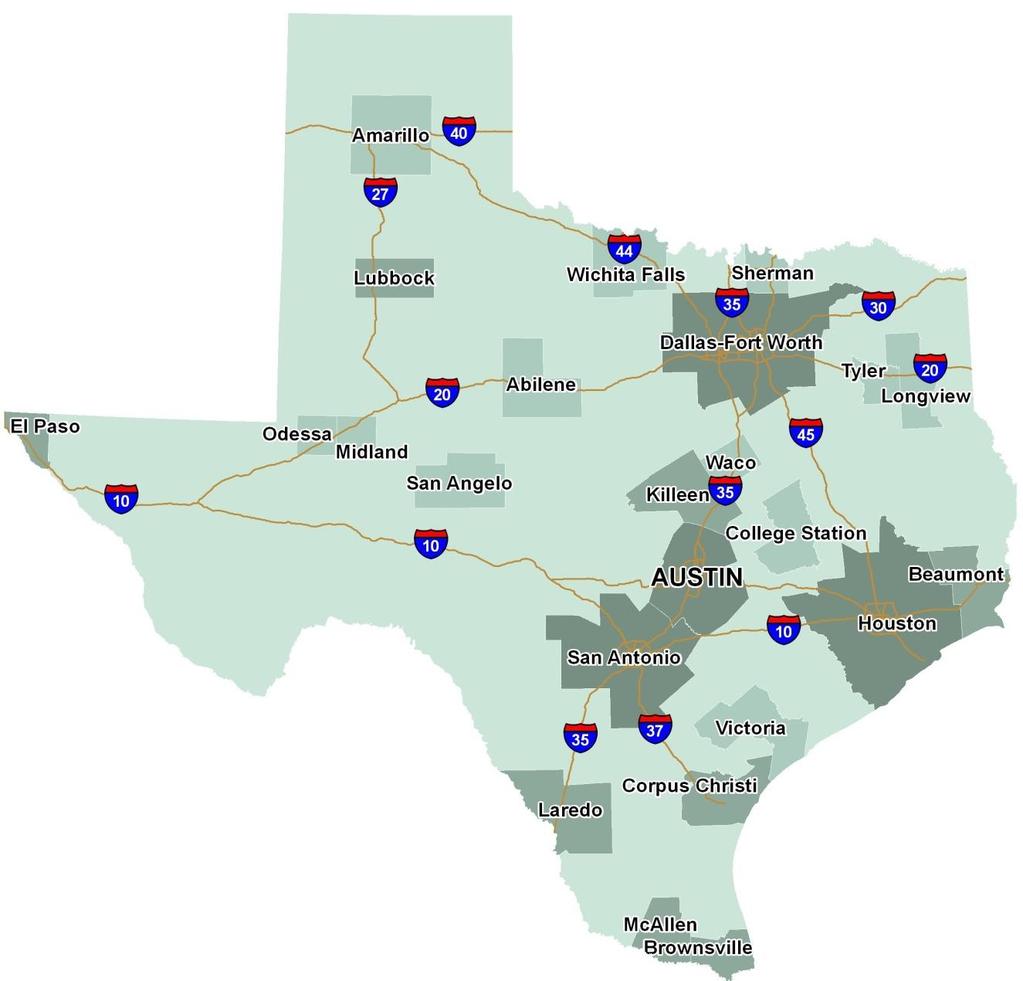 80% of the population lives within the Texas Triangle of Dallas, Houston & San Antonio Austin to Dallas: 191 miles (3 hours) Austin