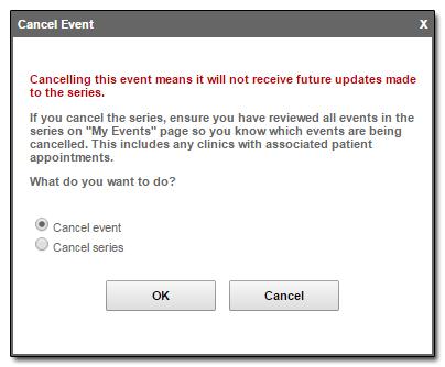 Cancelling a Series or a Clinic in a Series When you cancel a series: Only future events within the series are canceled. Events that have already taken place remain unaffected.