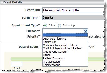 Scheduling P2P Clinical Events 4. To identify the event s Purpose, click the drop-down arrow and select the desired entry.