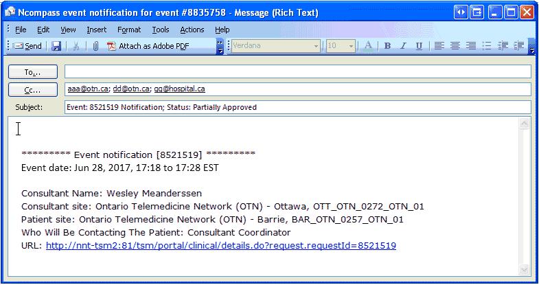 Scheduling P2P Clinical Events Figure 29: Notify participants email The To field is blank. You can enter any email addresses in this field for the site that you want to notify about the event.