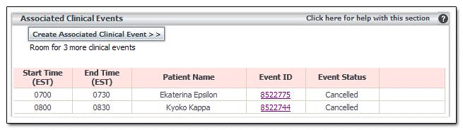 2. To open an associated appointment for uncancelling, click the Event ID in the Associated Clinical Events section.