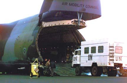 Chapter VI UN equipment is loaded on a C-5 at Addis Ababa, Ethiopia, bound for Kigali, Rwanda, during Operation SUPPORT HOPE peace operations.