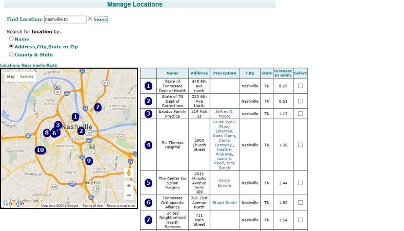 Manage Locations/Finding Sites In Manage Locations, students can select the clinical sites they will be at for the term. Be sure to click Save Selection once you have finished.