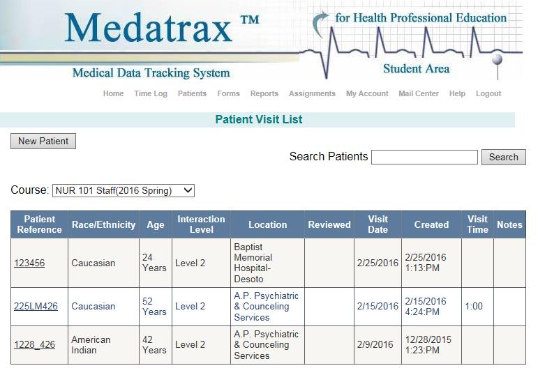 The Patient Visit List will appear. It lists all patient visits you have entered. The list may be narrowed by identifying the course for which the student is entering data.
