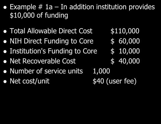 Example # 1a In addition institution provides $10,000 of funding Total Allowable Direct Cost $110,000 NIH Direct Funding