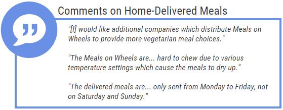 Comments on Home-Delivered Meals [I] would like additional companies which distribute Meals on Wheels to provide more vegetarian meal choices.