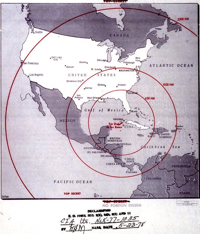 DECLASSIFIED 1962 MAP SHOWING THE DISTANCES NUCLEAR ARMED MISSILES WOULD GO IF FIRED FROM CUBA.