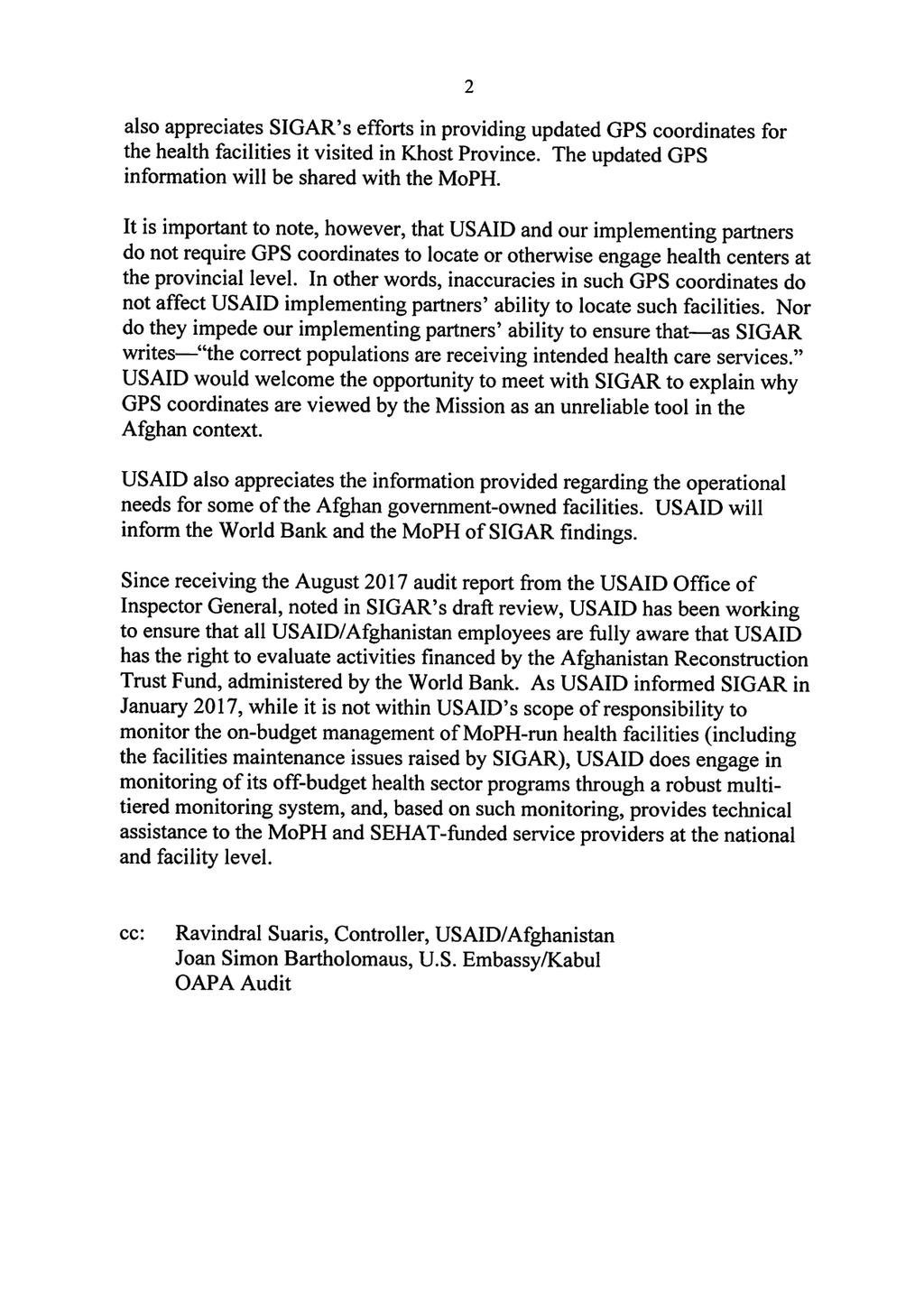 SIGAR-18-13-SP Review: USAID Supported