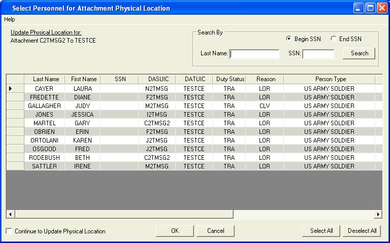 Figure 2 37: Unit Attachment Action People Selection Dialog 7. Select a person or persons to update. You may select all persons listed by clicking Select All.