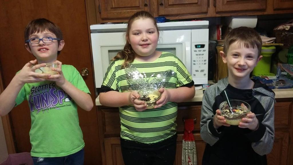 members Janson Miller, Kaylee Worthington and Adrian Hunolt made ice molds and dirt pudding to share with nursing home residents on March 14th!