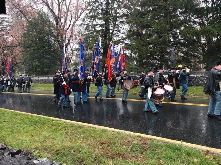 At 11 AM we were at the GAR monument for the Sons of Veterans Reserve ceremony. In the middle of a sea of umbrellas President Abraham Lincoln gave his Gettysburg Address.