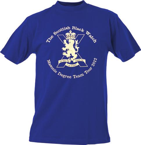 All T-shirts are dark blue and feature white graphics. The Black Watch Tour logo appears on the front, and the back lists all of the stops on the tour. T-shirts are just $15.00 each.