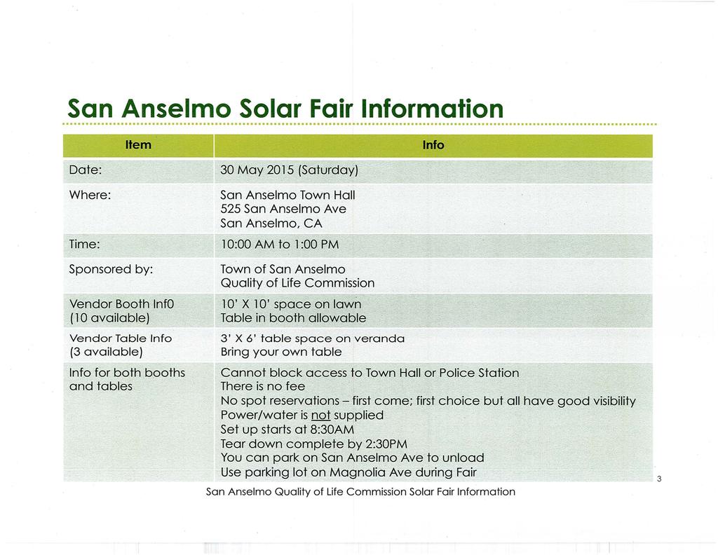 San Anselmo Solar Fair Information.