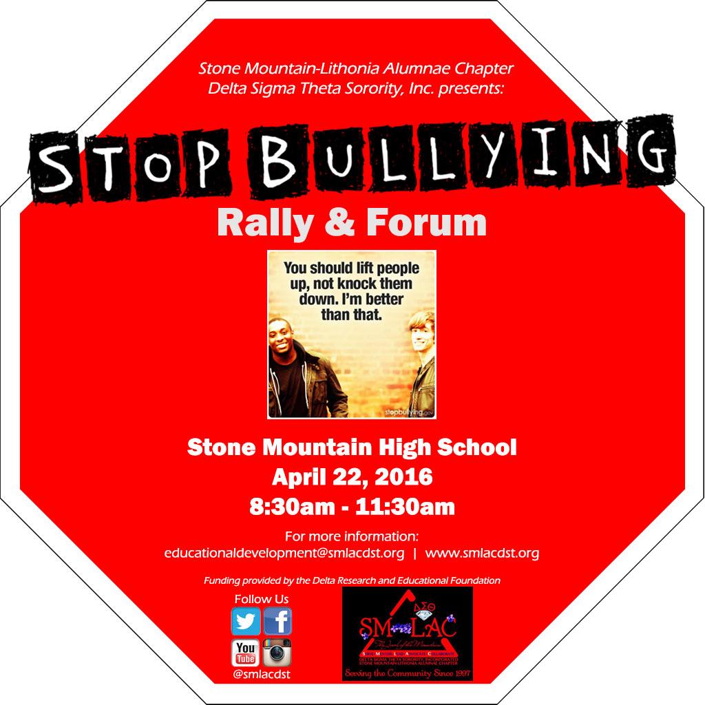 Sorors Please support Educational Development and Physical and Mental Health, Friday, April 22nd. We will STOMP OUT BULLYING at Stone Mountain High School.