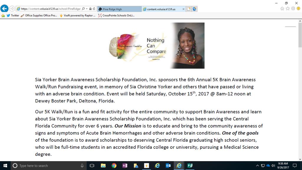 Save the Date - Saturday, October 14, 2017 8:00 AM - 12:00 PM Dewey Booster Sia Brain Awareness Foundation (in honor of former PRHS Student, Sia Christine Yorker who passed away unexpectedly in 2011)