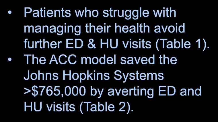Cost nlysis ssumed tht the verge cost per ED visit t JHH is $,589, nd tht the verge cost per HU visit t JHH is $5,69. 0. (0.