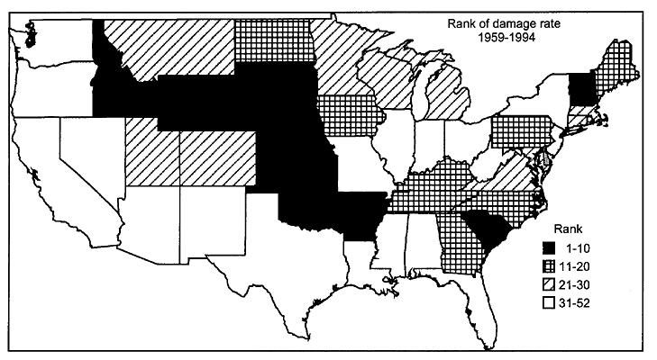 Page 9 of 11 Figure 15: US map of rates of lightning damage reports ranked by state from 1959 to 1994. E.