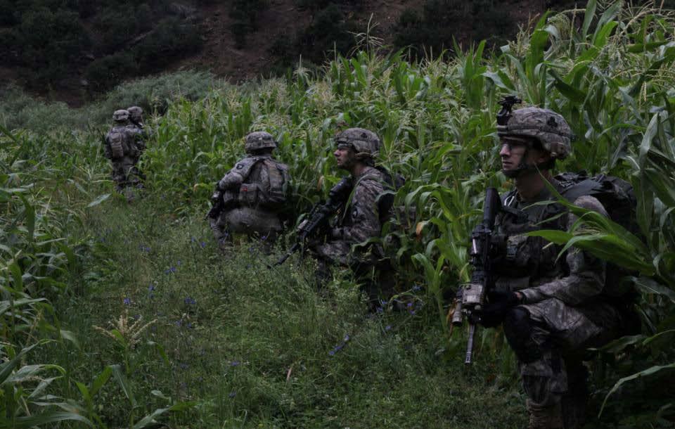 U.S. Army Soldiers of 101st Airborne Division, 1st Battalion, 1-327 Infantry Regiment use the concealment of a corn field taking position outside Barge