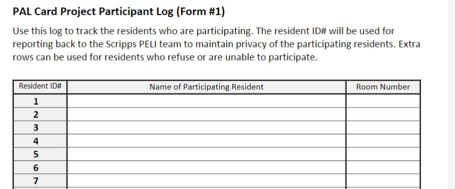 Form #1 The PAL Card Participant Log You will not