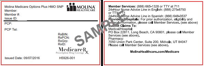 Member Identification Card Example Medical Services Molina Medicare Options Plus (HMO SNP) Molina Medicare Options (HMO) Verifying Eligibility To ensure payment, Molina strongly encourages Providers
