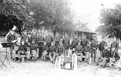 The 15th U.S. Infantry Band at Fort Huachuca between 1897 and 1898. Photo courtesy Mrs. Mabel Boyer McCue, daughter of the Chief Musician of the 15th Infantry Band, John F. Boyer. U.S. Army Lifestyles in the Apache Campaigns: Music Group singing in barracks, around campfires, in the saddle, or in church was always popular among the soldiers.