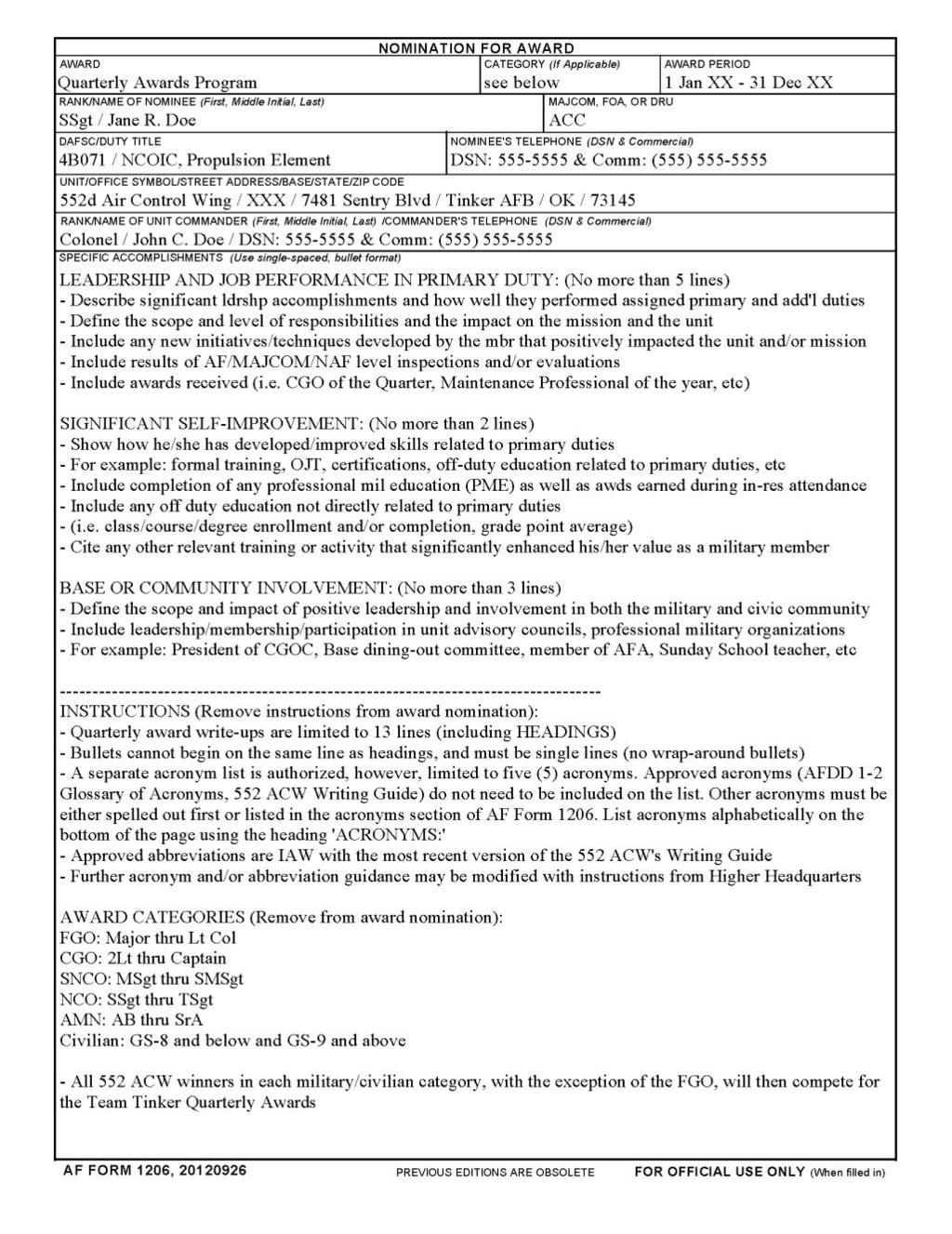 18 552ACWI36-2801 1 MAY 2014 Attachment 8 SAMPLE AF FORM 1206, NOMINATION