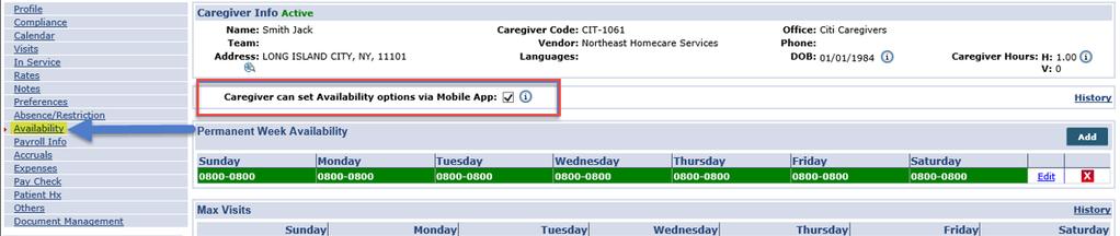 Caregiver Profile: Mobile Device ID Once a value is entered in this field, the system validates the Mobile Device ID each time the Caregiver logs in to the app.