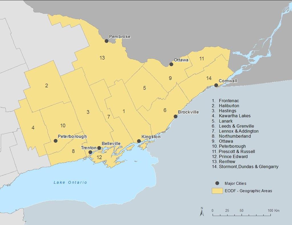 Eligible Region Eastern Ontario For the purposes of the EODF program, Eastern Ontario is defined as the area comprising the following 14 geographic areas: Frontenac; Haliburton; Hastings;