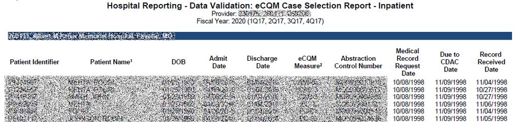 ecqm Case Selection Report Lists hospital s cases selected for ecqm validation, including all available patient identifiers.