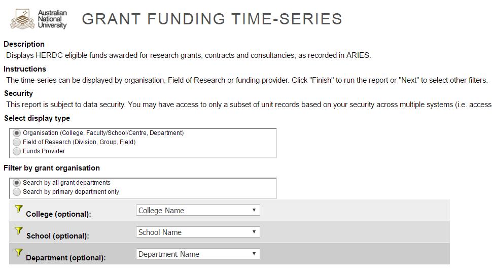 REPORT 2: Grant funding time-series The Grant funding time-series report provides a summary time-series of the funding amounts ($ s) awarded, as recorded in ARIES.