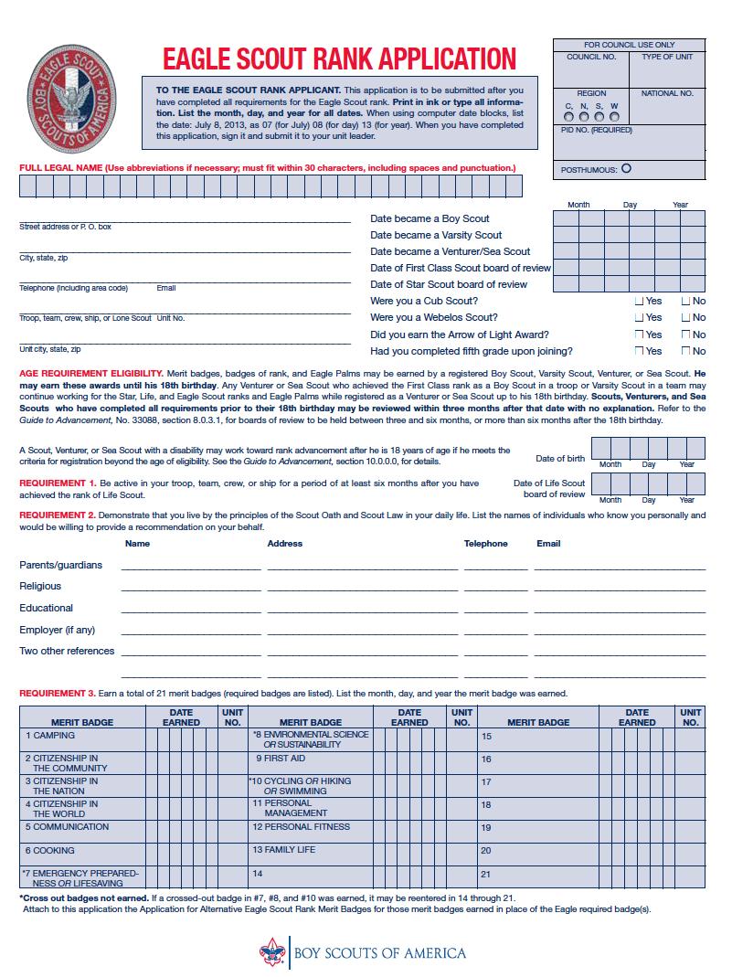 Completing Eagle Scout Rank Application u Must use Eagle Scout Rank Application 512-728 (2016) http://www.scouting.org/filestore/pdf/512-728_wb_fillable.