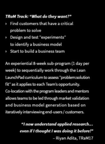 Find customers that have a critical problem to solve Design and test experiments to identify a business model Start to build a business team An experiential 8-week sub-program (1 day per week) to