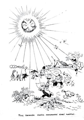 Humoristinio žurnalo Dypukas iliustracija. Dailininkas Mykolas Paškevičius. 1946, nr. 1. 21. Striebel John. Komiksas lietuviška tematika JAV komiksų žurnale Dixie Dugan, apie 1949.