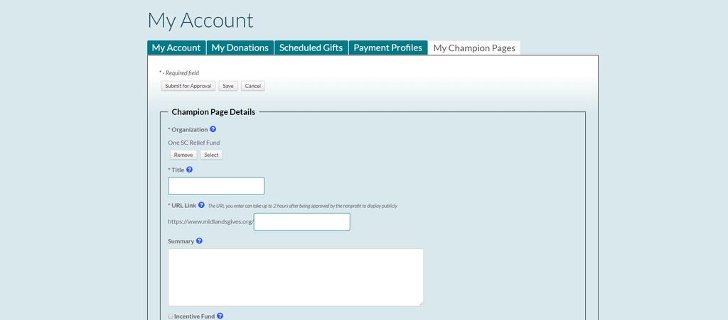 Champion Pages Donor Process Step 2: You will be asked to create a donor account it does not take long!