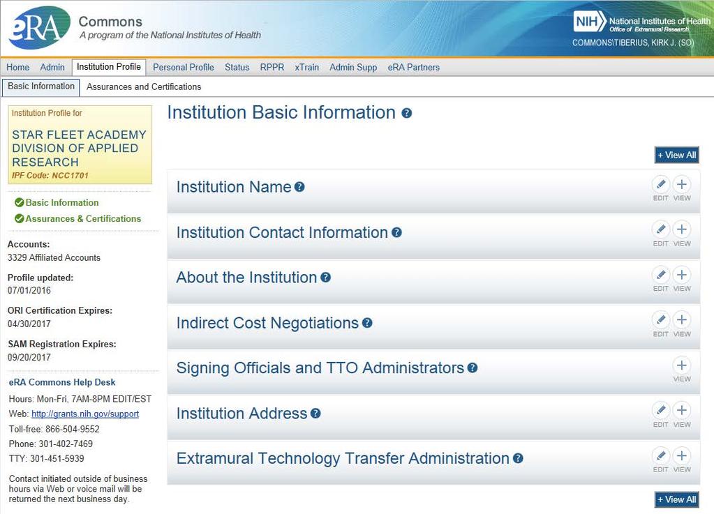 Basic: general information about the institution Name, address, Institution Contact information,
